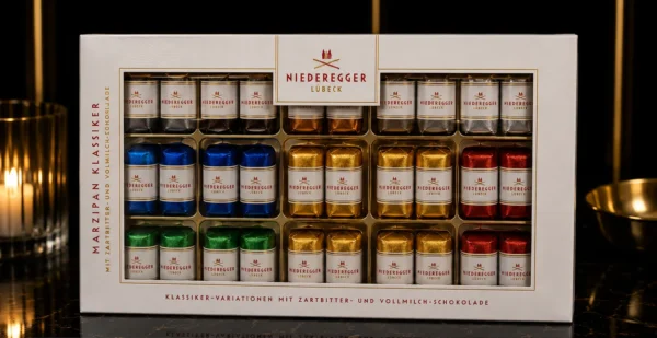 Niederegger Lübeck – Duży Zestaw Marcepanowych Pralinek w Gorzkiej i Mlecznej Czekoladzie, 7 smaków – 375 g_col1_part1